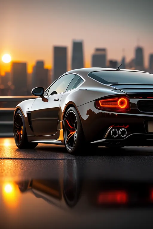 A sleek black sports car is parked on a wet road at sunset. The car has the doors open. The city skyline is in the background. The sun is setting over the city. The car is reflecting in the water.