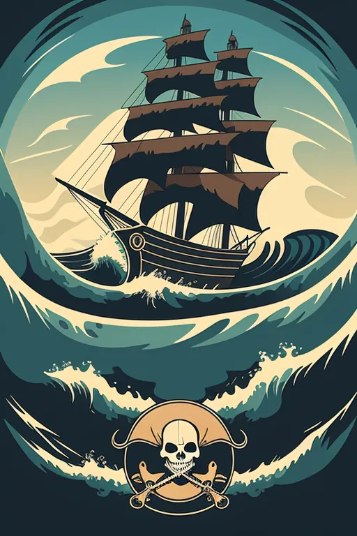 La imagen es un dibujo de un barco pirata navegando en un mar agitado. El barco es negro con velas marrones y una bandera de la Calavera y las Tibias. Las olas son verdes y blancas, y el barco se está balanceando de arriba a abajo por las olas. El barco está en el centro de la imagen, y las olas se estrellan contra los lados del barco. La imagen está dibujada en un estilo realista, y los colores son apagados. La imagen es un buen ejemplo del uso del color y el sombreado para crear una sensación de movimiento y drama.