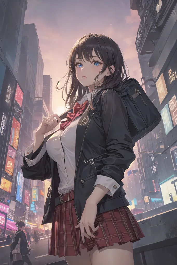 The image is a portrait of a young woman with long brown hair and blue eyes. She is wearing a white shirt, a red bow tie, a black jacket, and a gray skirt. She is standing in an urban setting, with tall buildings and city lights in the background. The woman is looking at the viewer with a slightly shy expression.