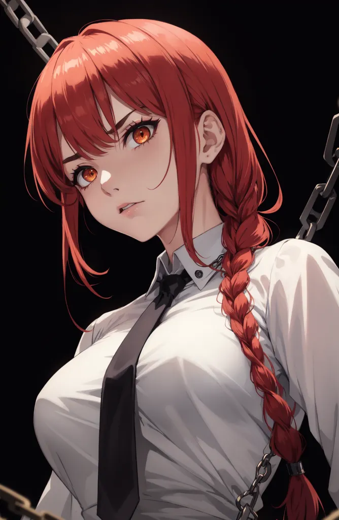 This is an image of a young woman with long red hair and orange eyes. She is wearing a white shirt and a black tie. There are chains around her neck and arms. She has a serious expression on her face.