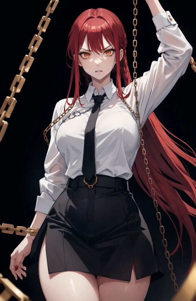 The image is of a young woman with long red hair and red eyes. She is wearing a white dress shirt and a black skirt. The shirt is unbuttoned, exposing her cleavage. She is also wearing a black tie. The woman is standing in front of a black background, and there are chains wrapped around her arms and legs. The chains are attached to golden rings that are floating in the air. The woman has a determined expression on her face, and it is clear that she is ready to fight.