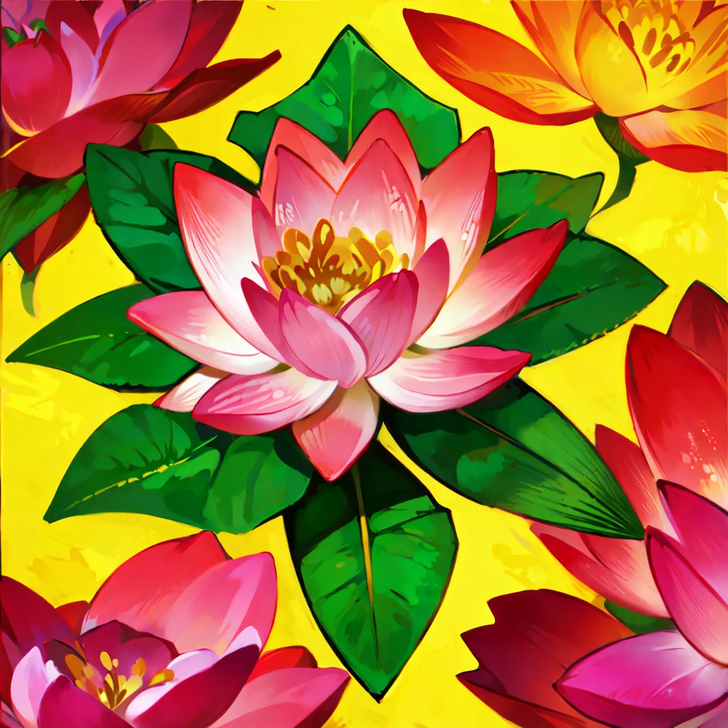 The image is a close-up of a pink and yellow lotus flower. The petals of the flower are open and delicate, and the veins of the petals are visible. The flower is surrounded by green leaves. The background is a bright yellow color, which makes the flower stand out. The image is very colorful and vibrant.