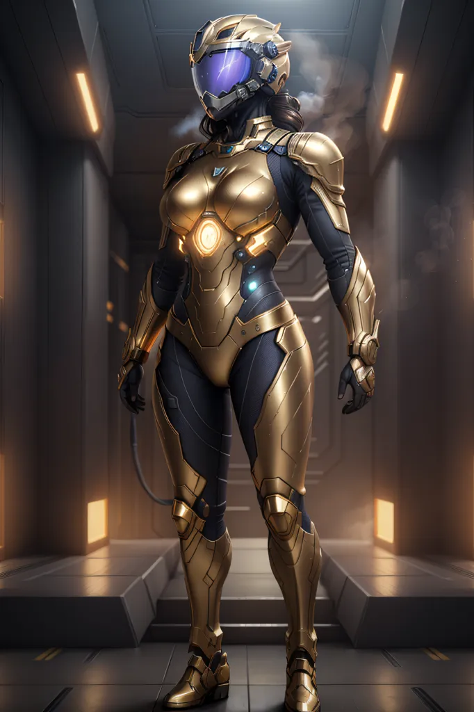 This is an image of a woman wearing a golden powered armor suit. She is standing in a futuristic hallway with bright lights on the walls. The armor suit has black and blue accents and a clear bubble helmet. She is looking at the viewer with her arms at her sides.