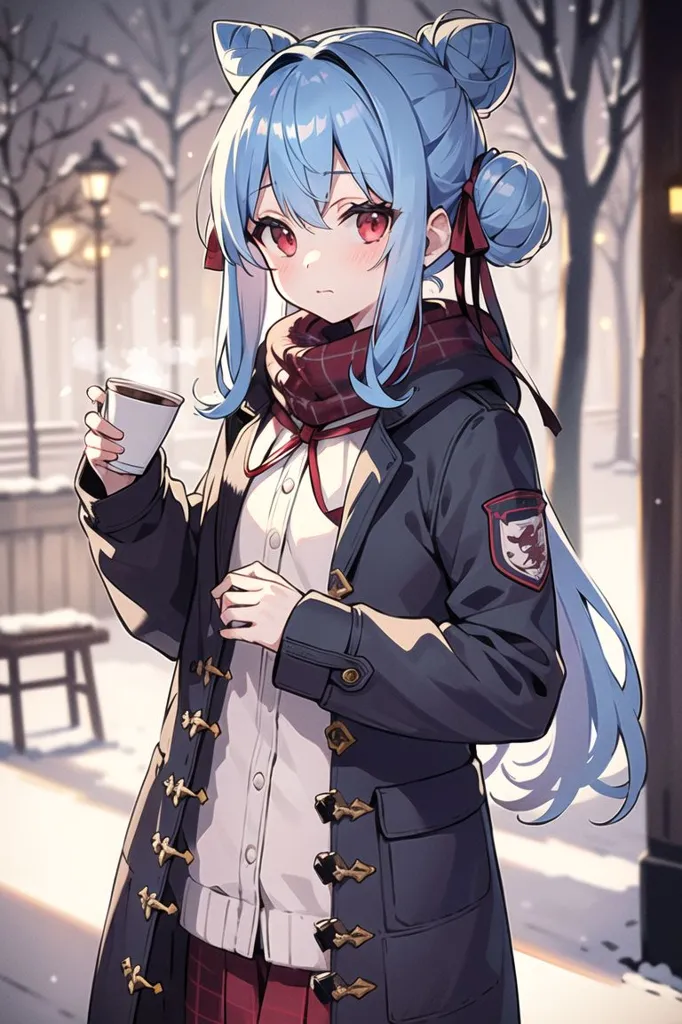 The image is of a young woman with long blue hair and red eyes. She is wearing a white sweater, a red and white plaid skirt, and a blue coat with a white scarf. She is holding a cup of coffee in her right hand. The background is a snowy street with trees and a bench.