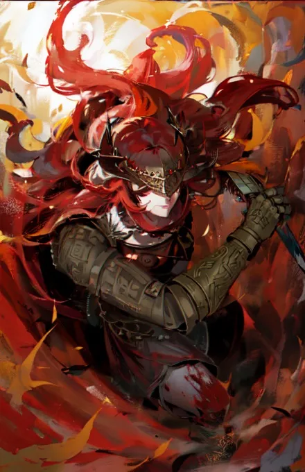 This is an image of a woman with long red hair and golden eyes. She is wearing a red and gold armor and a helmet with horns. She is holding a sword in her right hand and a shield in her left hand. She is standing in a field of red flowers and there is a large orange explosion in the background.