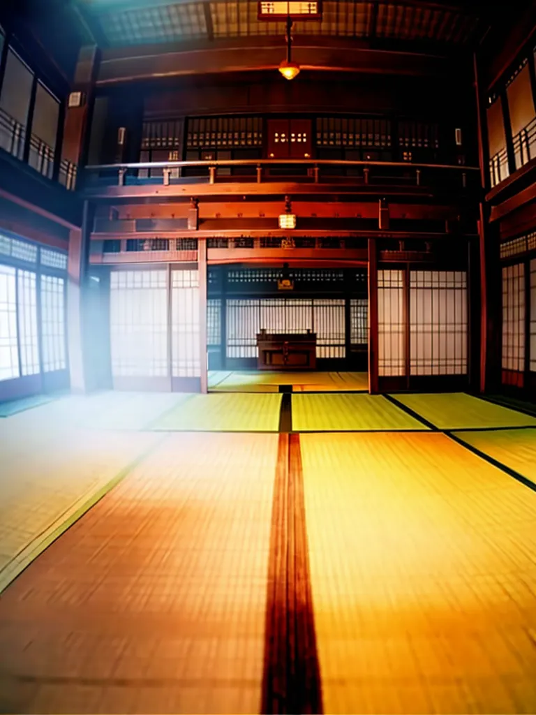 La imagen muestra una casa tradicional japonesa. Tiene una estructura de madera con tatami en el piso. La casa está dividida en varias habitaciones por puertas corredizas. Hay un tokonoma en la parte trasera de la habitación, que es un nicho elevado donde se exhibe un rollo u otra obra de arte. También hay una mesa baja en la habitación con algunos cojines. La casa está iluminada por una sola lámpara.