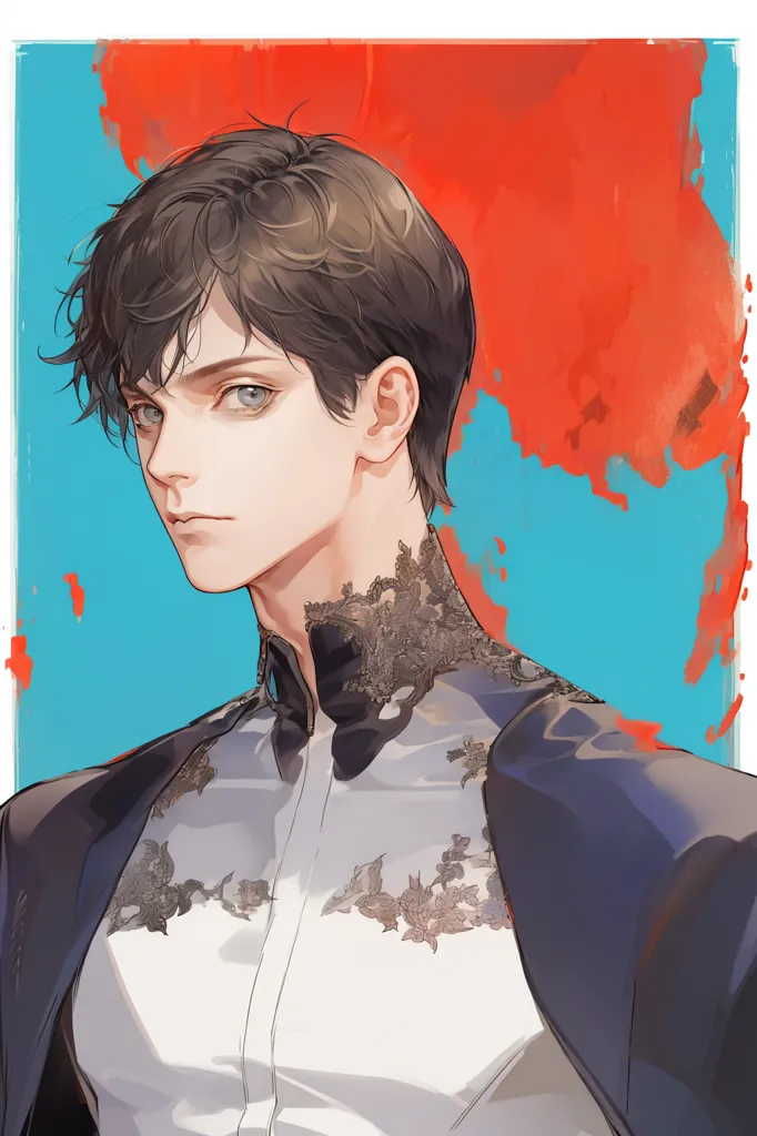 Esta es una pintura digital de un hombre joven con cabello castaño y ojos grises. Lleva una camisa blanca con una chaqueta negra. La camisa tiene un diseño floral negro y gris. Tiene una expresión seria en su rostro. El fondo es un lavado de acuarela azul con algunas salpicaduras de pintura roja.