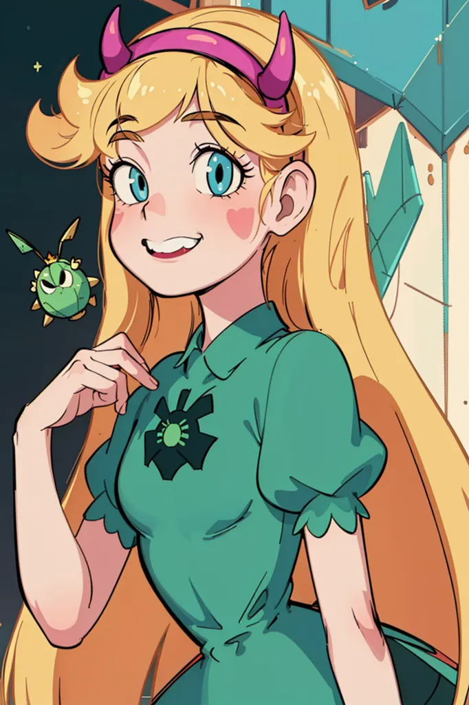 The image shows a young girl with long blond hair and blue eyes. She is wearing a green dress with a pink collar and a yellow star on the front. She has a small green creature with a yellow star on its belly perched on her shoulder, and she is smiling happily. The background is light blue, and there are several stars in the background.