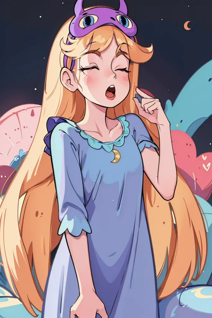 The image is of a young girl with long blond hair and blue eyes. She is wearing a purple nightgown with a crescent moon on the front. She is also wearing a purple sleep mask with cat ears. The girl is standing in front of a starry night sky. There are two crescent moons in the sky. The girl is yawning and looks tired.