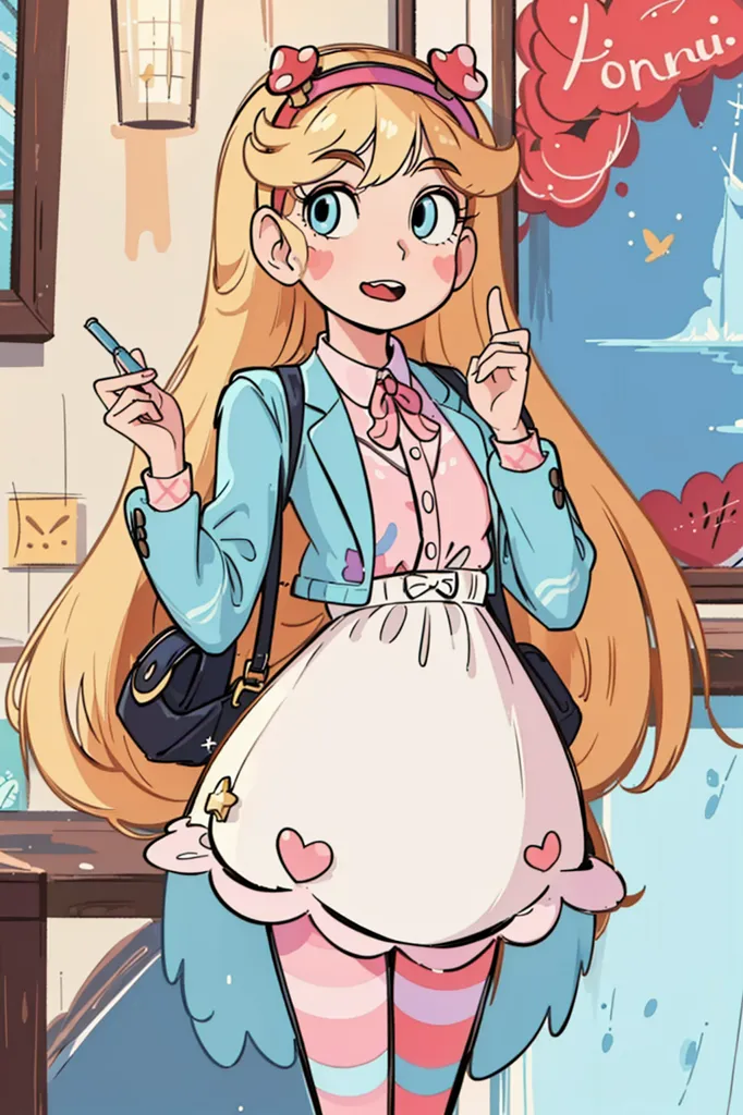 The image is of a young girl, with long blond hair and blue eyes. She is wearing a white shirt, with a pink bow, and a blue jacket. She is also wearing a white apron, with pink hearts on it. She has a black bag over her shoulder. She is holding a pen, and pointing with her finger. There is a speech bubble next to her head, with the word \