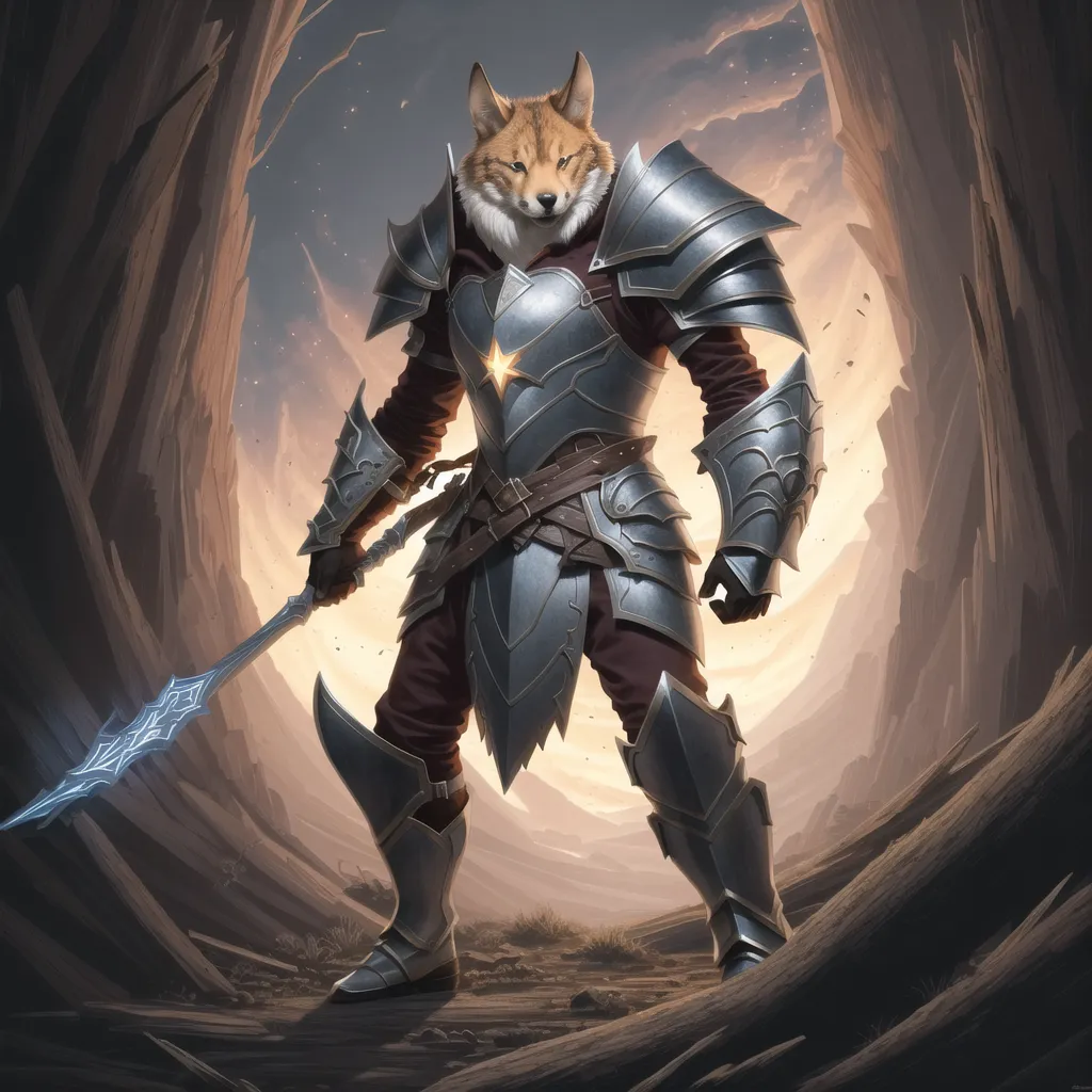 L'image montre un renard portant une armure. Le renard se tient debout dans un canyon rocheux, et il y a une montagne à l'arrière-plan. Le renard tient une épée dans sa main droite et un bouclier dans sa main gauche. Le renard porte un casque avec une visière, et il y a une étoile sur l'avant du casque. L'armure du renard est en métal, et il a un manteau brun.