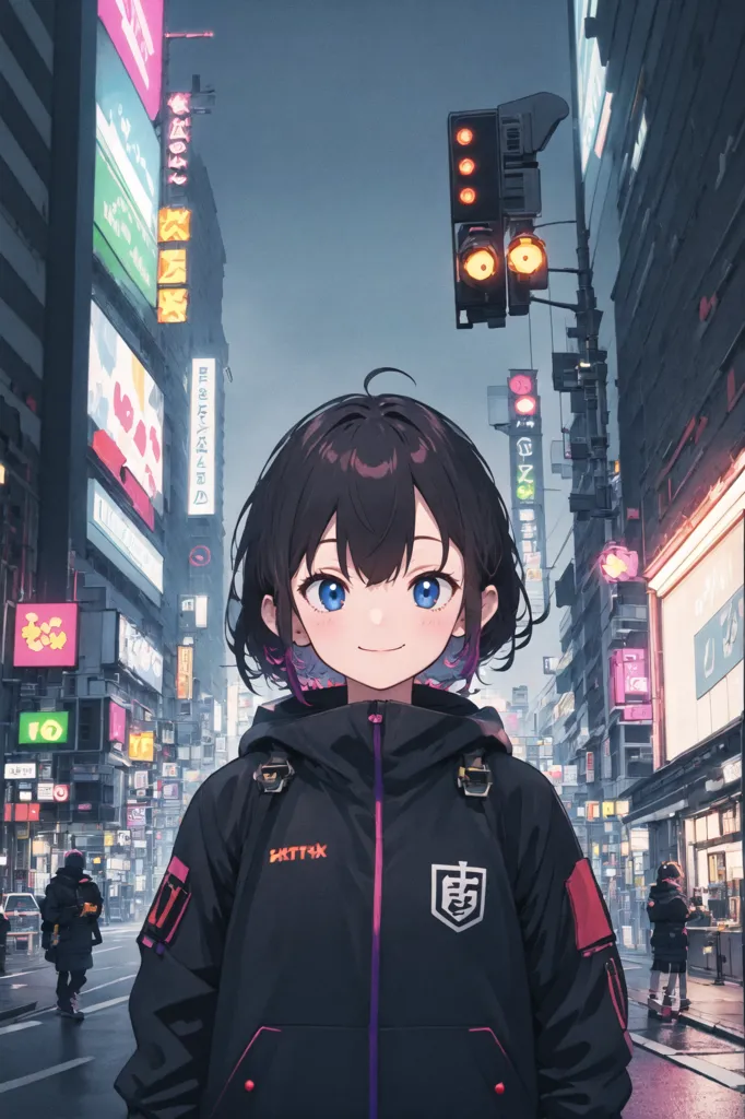 The image is a portrait of a young woman with short black hair and blue eyes. She is wearing a black jacket with a purple and red collar and a white T-shirt. She is standing in a city street with tall buildings on either side. The street is crowded with people and there are neon signs and lights everywhere. The woman is smiling and looking at the camera.