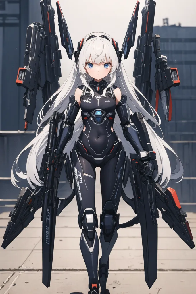 The image is of a young woman with long white hair. She is wearing a black and grey bodysuit with a number of weapons attached to her arms and back. The weapons are all black and grey as well. She is standing in a determined pose, and her eyes are narrowed in concentration. The background is a blur of grey and black.