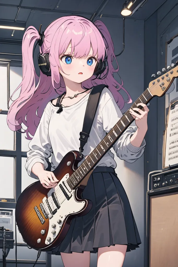 The image shows a young girl with pink hair and blue eyes. She is playing an electric guitar. The girl is wearing a white shirt, a gray skirt, and headphones. She is standing in a room with gray walls and a gray floor. There is a window on the left side of the room and a door on the right side. There is also a guitar amplifier in the room.