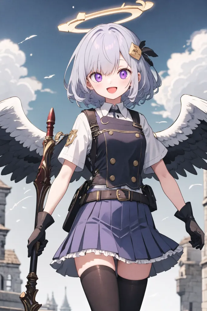 The image shows an anime-style girl with silver hair and purple eyes. She is wearing a white shirt, a blue skirt, and a black vest. She also has a pair of black gloves and a brown belt. She is carrying a large sword in her right hand and has a halo above her head. She is standing in a ruined city.