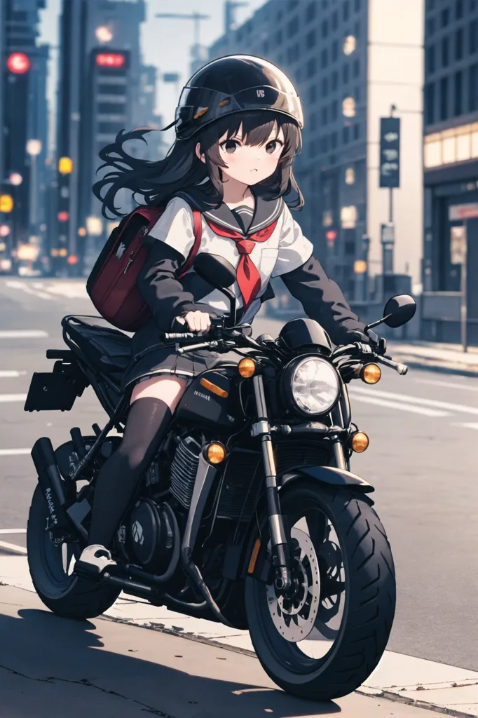 The image depicts a young girl riding a black motorcycle down a city street. She is wearing a black helmet, a white shirt, a red tie, a black skirt, and a red backpack. She has long black hair that is blowing in the wind. The motorcycle is black and has a red seat. The girl is looking straight ahead with a determined expression on her face. The street is lined with tall buildings and there are cars parked on either side of the street. The image is in a realistic style and the colors are vibrant and bright.