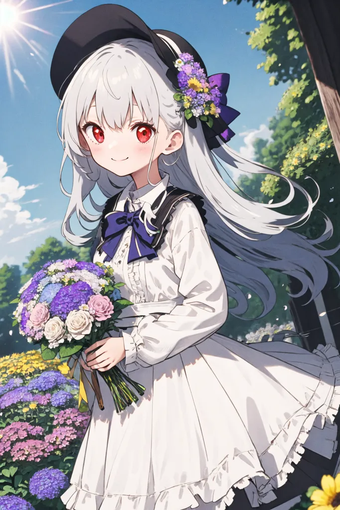 This image shows a young girl with long white hair and red eyes. She is wearing a white dress with a purple ribbon and a black hat. She is holding a bouquet of flowers and there are flowers of various colors blooming all around her. The sun is shining brightly in the background.