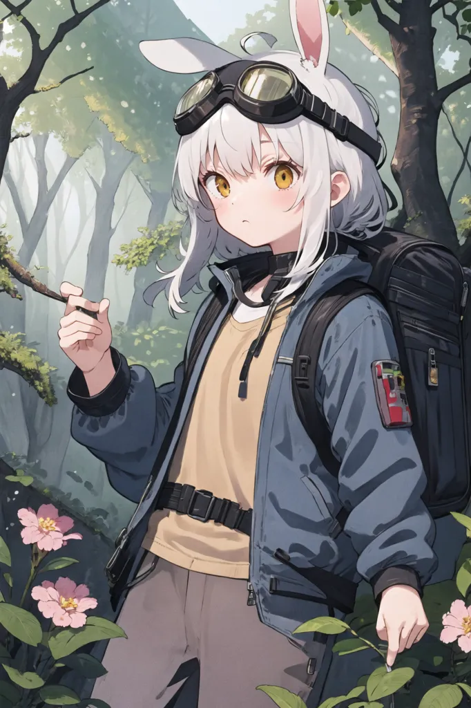 The image is of a young girl with white hair and yellow eyes. She is wearing a blue jacket, a yellow shirt, and a brown bag. She also has a pair of goggles on her head and a stick in her hand. She is standing in a forest, surrounded by trees and flowers.