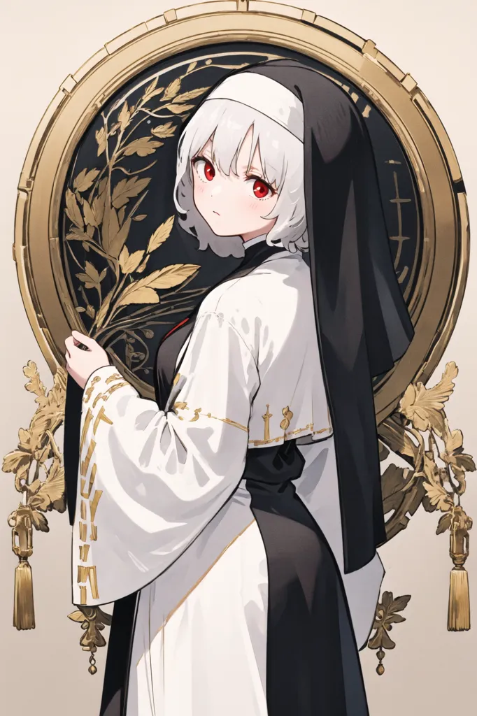 The image is a portrait of a young woman in a nun's habit. She has short white hair and red eyes. She is wearing a white veil and a black habit with a white collar. She is standing in front of a gold frame with her left hand holding the frame and the other holding a branch with green leaves.