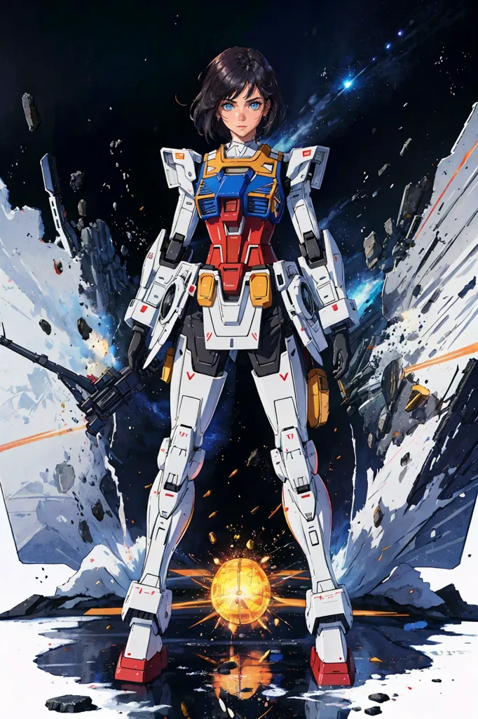 This is an illustration of a young girl in a white, red, and blue mech suit. She is standing in a battle-torn landscape, with debris and explosions all around her. The girl is holding a gun and looks determined to fight. She has brown hair and blue eyes. She is wearing a white and red bodysuit. The mech suit has a white, red, and blue color scheme. The suit is armed with a variety of weapons, including a gun and a shield. The girl is standing in a heroic pose, ready to fight for justice.