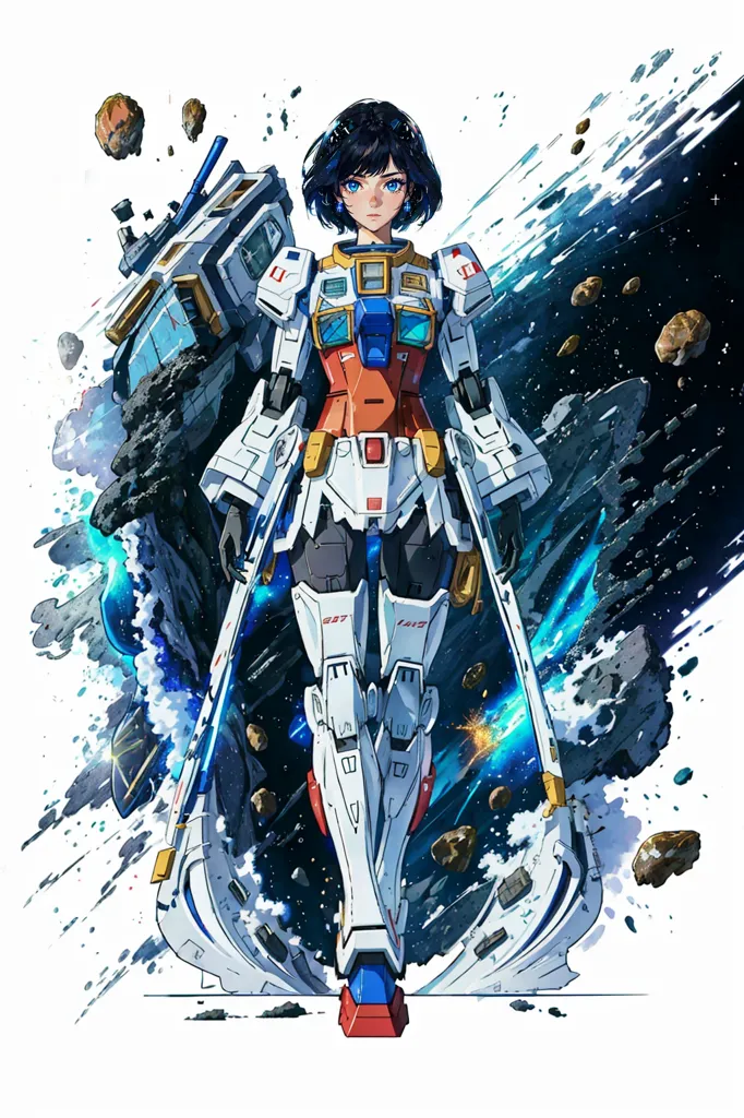 This is an illustration of a young girl in a white, red, and blue mech suit. She has short dark hair and blue eyes. The mech suit has a large backpack and is armed with a pair of beam sabers. The girl is standing in a rocky field, with a large spaceship in the background. She is surrounded by asteroids and debris, and there are explosions in the background.