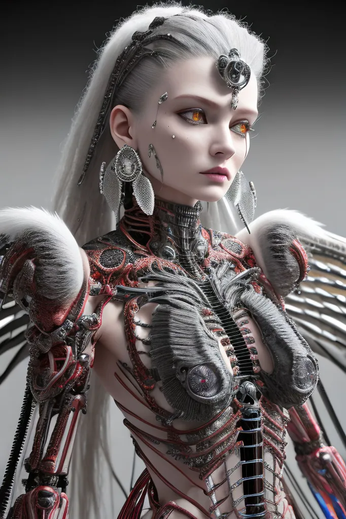 The image is of a beautiful woman with long white hair and glowing yellow eyes. She is wearing a red and black bodysuit with intricate silver and gold detailing. She has a metallic collar around her neck and large, ornate earrings. Her arms and legs are covered in silver and gold armor. She has a pair of large, feathered wings that are a mix of black and gray. The background is a dark, neutral color.