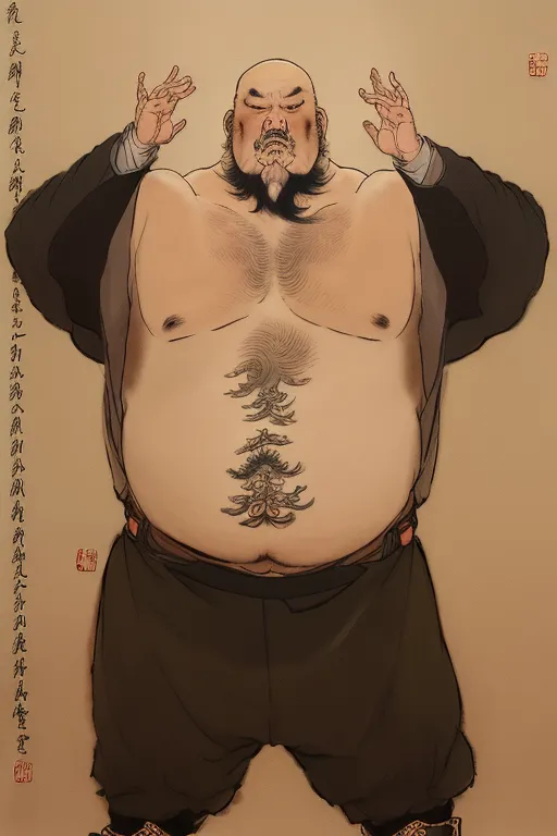 A imagem é uma pintura de um homem com uma barriga grande e uma cabeça calva. Ele está vestido com uma túnica escura com um colarinho branco, e ele tem uma tatuagem na barriga. A pintura é feita em um estilo tradicional chinês, e é provável que o homem seja um comerciante ou oficial rico.