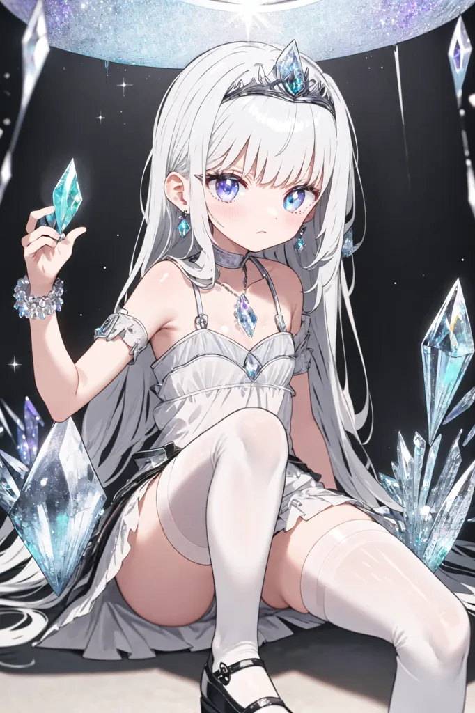 The image is of a young girl with long white hair and purple eyes. She is wearing a white dress with a blue sash and a tiara on her head. She is sitting on a pile of ice crystals, and there are more ice crystals floating around her. The background is a dark blue night sky with a crescent moon. The girl is looking at the viewer with a slightly sad expression on her face.