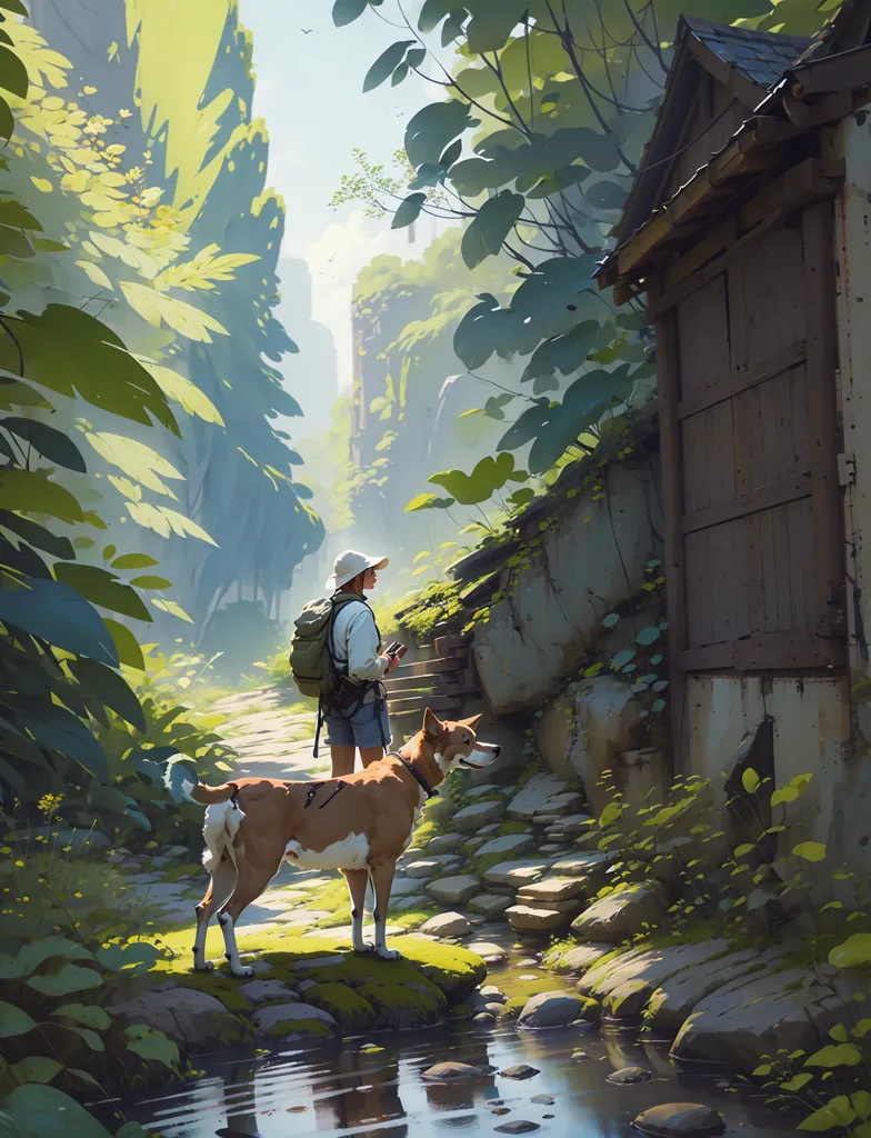 The image is of a person and their dog walking through a lush, overgrown path. The person is wearing a hat, backpack, and shorts, and is holding a phone. The dog is brown and white, and they are both standing in a shallow stream. On the left, there is a stone wall covered in vines, and on the right, there is a wooden house. The path continues through the middle, and the light from the sky is shining through the trees.