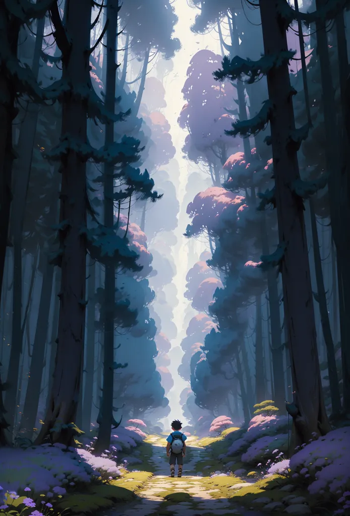 This image is of a person walking down a path in a forest. The path is surrounded by tall trees and shrubs. The trees are mostly green, but there are also some purple trees. The ground is covered in grass and flowers. There is a bright light coming from the end of the path.