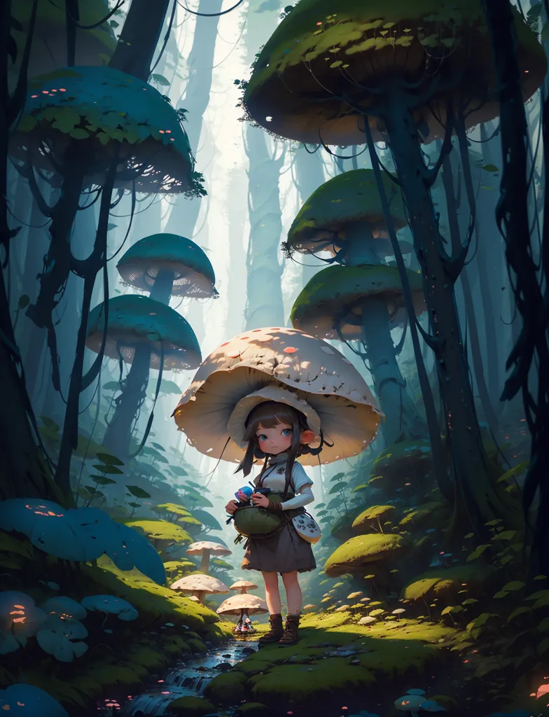 La imagen es una pintura digital de una niña en un bosque. La niña lleva un vestido marrón con un cuello blanco y un sombrero de hongo grande. Tiene el cabello castaño y los ojos verdes. Lleva una cesta llena de setas. El bosque está lleno de setas grandes de varios colores. Hay un arroyo que atraviesa el bosque. La imagen es muy detallada y tiene un aire caprichoso.