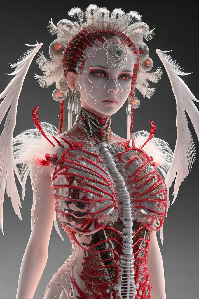 The image is of a woman with white skin and red eyes. She is wearing a red and white bodysuit that is made of bones and feathers. She has a large headdress on her head that is made of the same materials. Her wings are made of white feathers and they are outstretched behind her.