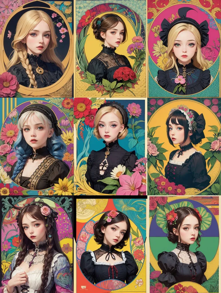 The image is a 3x3 grid of portraits of young women. The women are all depicted with long hair, pale skin, and dark eyes. They are wearing a variety of different outfits, including dresses, blouses, and jackets. The backgrounds of the portraits are also varied, and include floral patterns, landscapes, and abstract designs. The overall style of the images is romantic and ethereal.