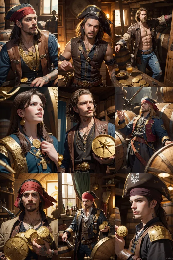 The image is a photo of a group of people dressed as pirates. There are four men and one woman. They are all wearing different styles of pirate clothing, but they all have the same general look. The men are all wearing vests or shirts with open collars, and they all have long hair and facial hair. The woman is wearing a blue dress with a white camisole, and she has her hair up in a bun. She is also wearing a necklace with a gold coin on it. The background of the image is a wooden tavern, with barrels and crates stacked around. There is also a table in the background with a map on it.