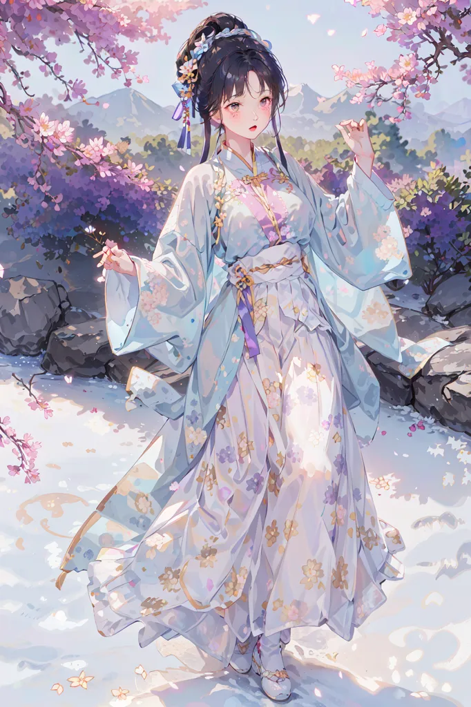 The image is of a young woman in a white and pink kimono with a floral pattern. She is standing in a snowy forest, and there are cherry blossoms falling from the trees. The woman has long black hair and pink eyes, and she is wearing a traditional Chinese headdress. She is holding a branch of cherry blossoms in her right hand. The image is very detailed, and the artist has used a variety of techniques to create a realistic and beautiful scene.