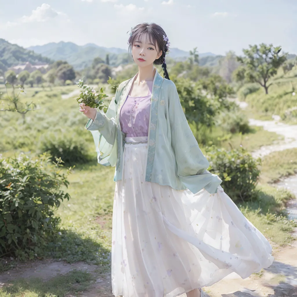 The image shows a young woman wearing a traditional Chinese outfit, or Hanfu, standing in a field of flowers. The outfit consists of a white skirt, a purple top, and a long green coat with wide sleeves. The woman has her hair in a bun and is wearing traditional Chinese hair accessories. She is also carrying a bouquet of flowers. The background of the image is a lush green field with hills in the distance. The image is taken from a slightly elevated angle, looking down at the woman.