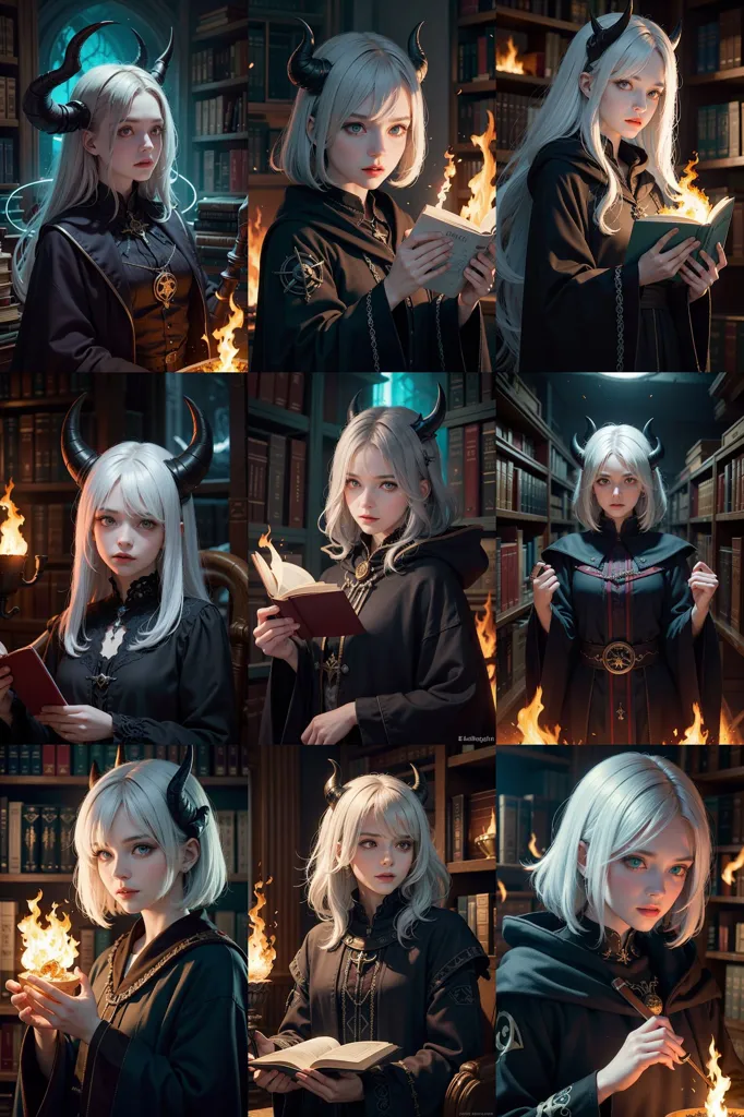 The image shows a young woman with white hair and horns. She is wearing a black dress with a white collar. She is in a library, surrounded by books. In each of the nine panels, she is reading a book, holding a book, or looking at a book.