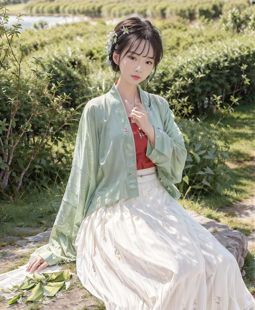 The image shows a young woman wearing a traditional Chinese outfit, called a Hanfu. The outfit is green and white. The woman is sitting on a rock outdoors. She has a flower in her hair and is looking at the camera and smiling.