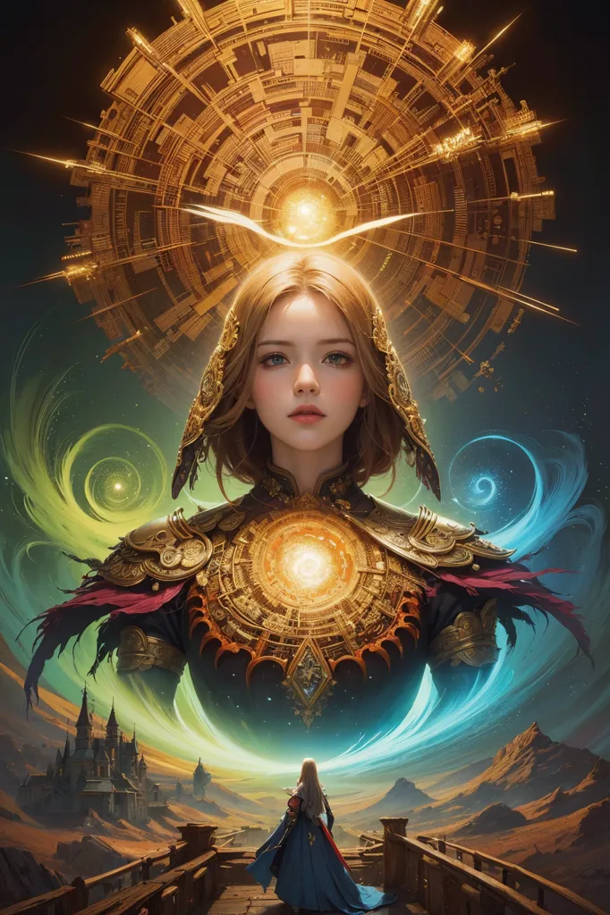 This image shows a woman with long blond hair wearing a golden breastplate with a glowing yellow orb in the center. She is also wearing a red and gold cape. She has a serious expression on her face. There is a large glowing yellow circle with intricate designs behind her head. There is a figure of a woman in a blue dress standing on a bridge in front of her. The background is a green and yellow landscape with a castle in the distance.