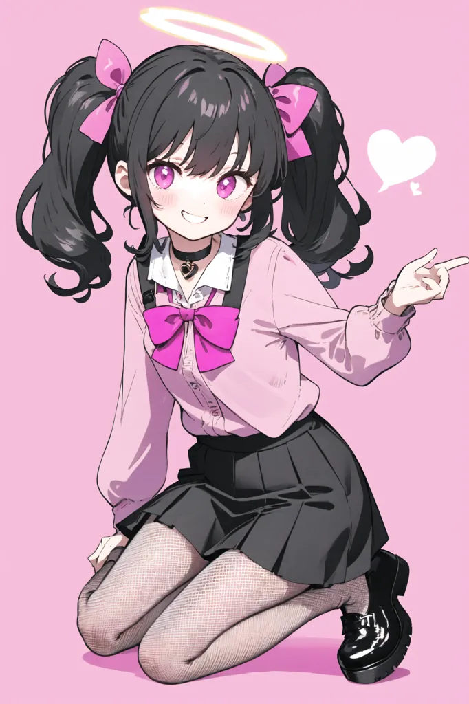 The image is of an anime girl with black hair and pink eyes. She is wearing a pink blouse, black skirt, and black boots. She has a pink bow in her hair and a pink choker around her neck. She is kneeling on the ground and pointing to the right with her right hand. She has a halo above her head and a small, white heart-shaped thought bubble next to her head. The background is pink.