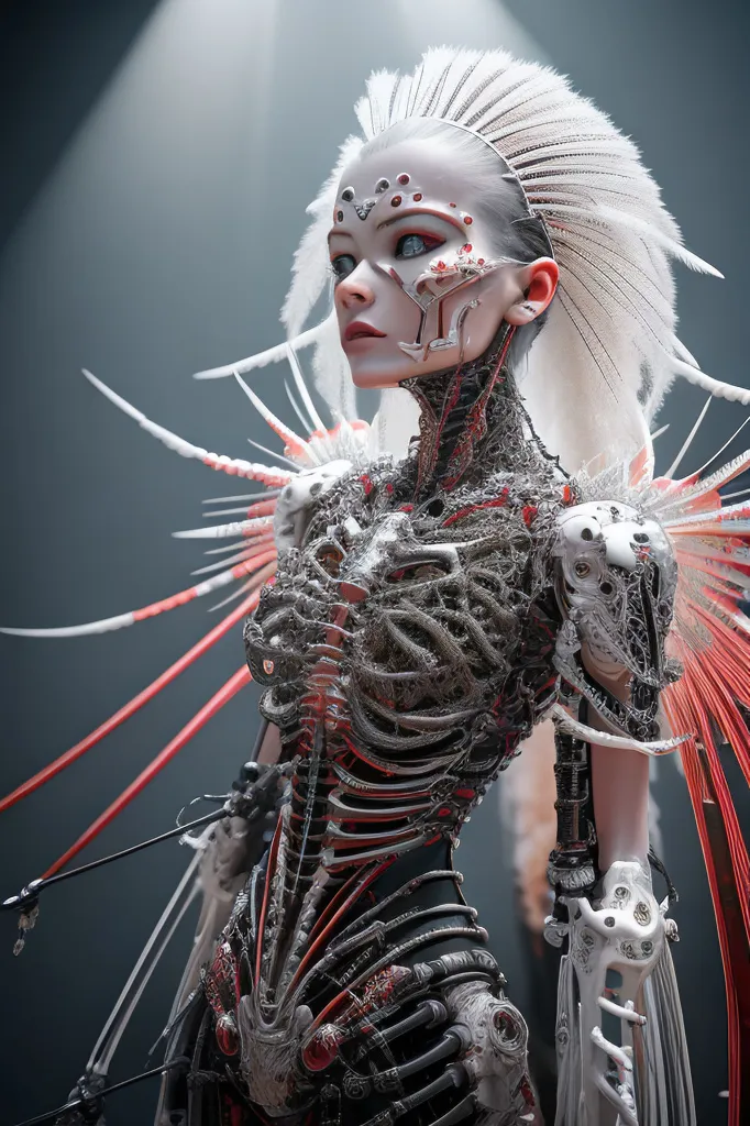 This image shows a woman who appears to be a cyborg. She has white hair and red eyes. Her face is partially covered by a metal mask. Her body is covered in a black and red exoskeleton. She is also wearing a pair of wings made of bones and feathers. The image is set in a dark background with a spotlight shining down on her.