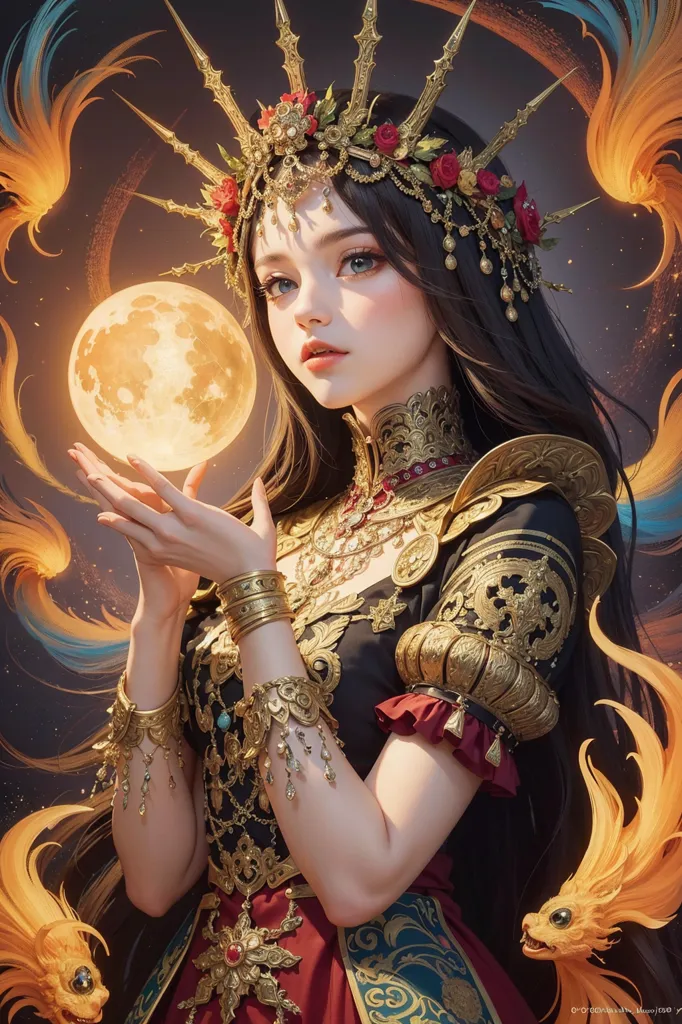 Esta es una imagen de una hermosa mujer con cabello largo y oscuro y ojos azules. Lleva una corona dorada y un vestido rojo y dorado. También lleva mucha joyería, incluyendo collares, pulseras y pendientes. Está sosteniendo una luna brillante en sus manos. Hay dos pequeños dragones a cada lado de ella. El fondo es de color naranja oscuro.