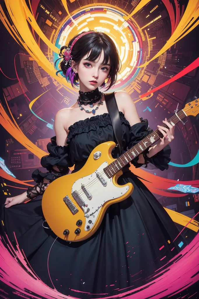 This is an image of a young woman with black hair and purple eyes. She is wearing a black dress with a yellow guitar. She is standing in front of a colorful background with a bright yellow circle in the center. The woman is playing the guitar and has a serious expression on her face. She is wearing a necklace and a bracelet on her right hand. Her hair is flowing down her back and she has a small flower in her hair.