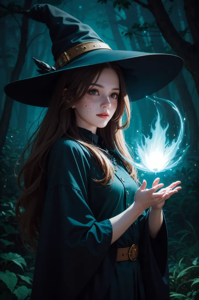 The picture shows a beautiful young witch with long brown hair and green eyes. She is wearing a tall, pointed black hat and a long, dark green dress with a white camisole. She is standing in a dark forest, surrounded by tall trees. In her right hand, she is holding a small, glowing white ball of light. She is looking at the ball of light with a curious expression on her face.