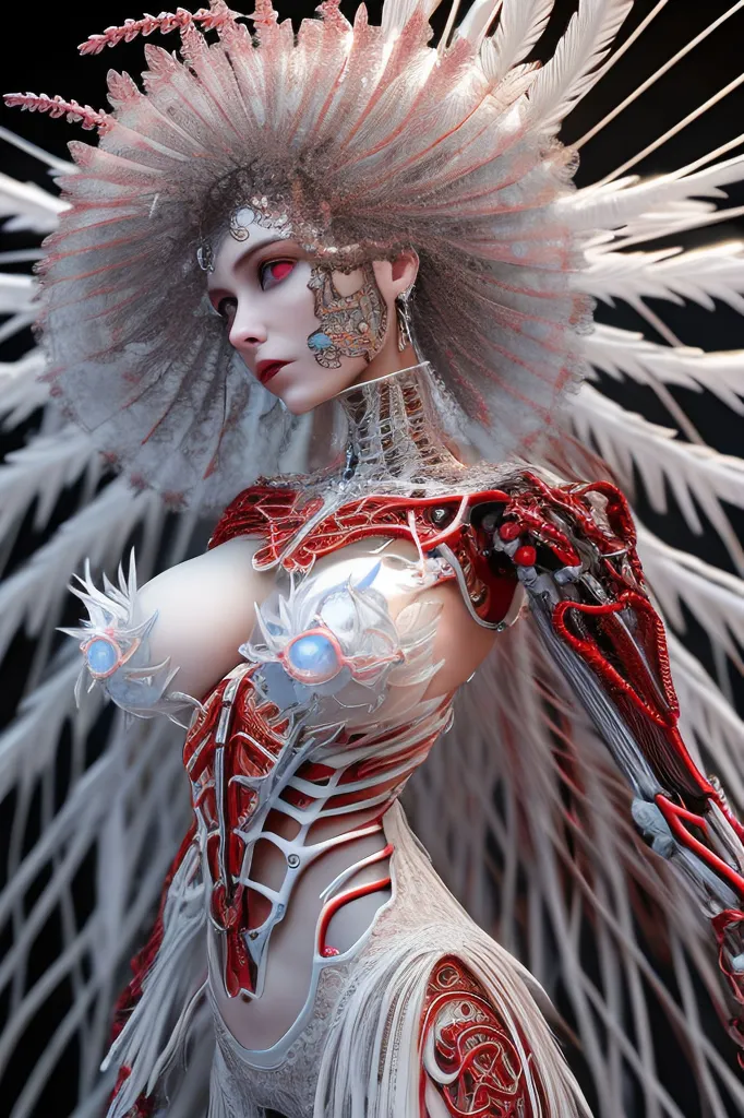 La imagen es de una mujer con el cabello blanco y rosa. Lleva un body blanco y rojo con muchos metales y cables que se ven a través. Tiene un gran collar de metal alrededor del cuello y sus ojos brillan de color azul. También lleva un gran tocado de metal con plumas blancas y rosas.