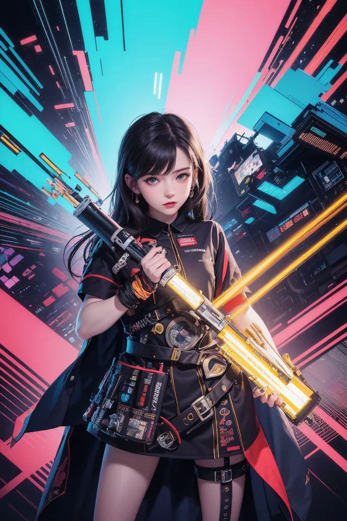 This is an image of a young woman standing in front of a colorful background. She is wearing a black and red outfit and holding a large gun. The background is made up of bright colors and geometric shapes. The woman has long black hair and blue eyes. She is looking at the viewer with a serious expression.