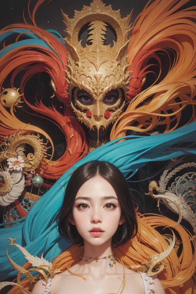 The image is a portrait of a young woman with long black hair. She is wearing a white dress with a blue sash. The woman has a serene expression on her face. She is standing in front of a dark background with a golden mask with red eyes and long orange hair. The mask is flanked by two blue dragons.