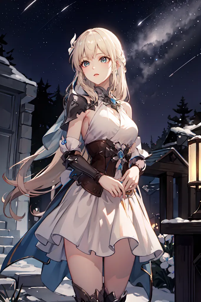 The image is a painting of a young woman with long blonde hair and blue eyes. She is wearing a white dress with a blue sash and a brown corset. She is also wearing a pair of brown boots and a necklace with a blue pendant. She is standing in a snowy forest at night and there is a lantern on the ground next to her. There is a stone building in the background and a starry sky above.