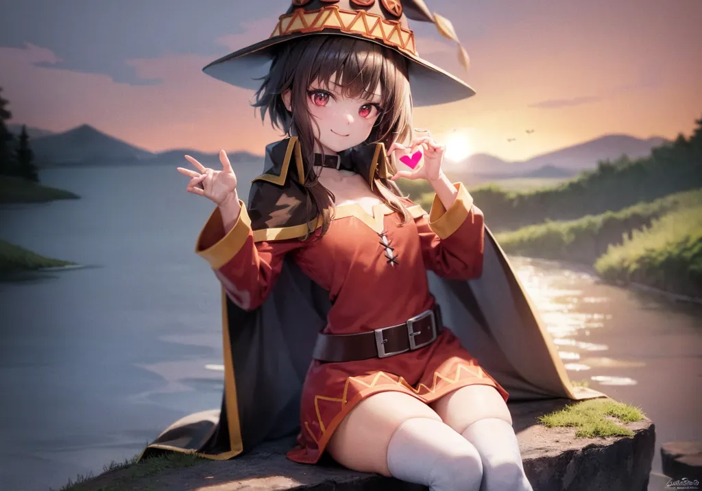 The image is of a young girl with long brown hair and red eyes. She is wearing a red and brown witch's hat and a red and brown dress. She is sitting on a rock in front of a lake. The sun is setting in the background. The girl is smiling and has her left hand in a peace sign and her right hand making a heart shape.