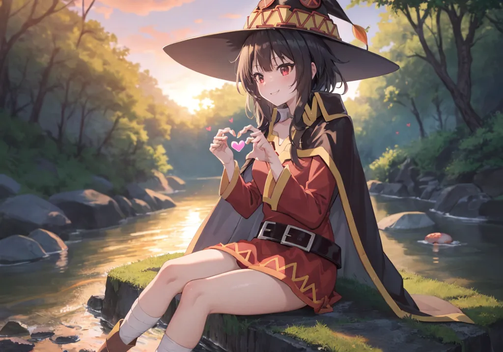 The image shows an anime-style girl with long brown hair and red eyes. She is wearing a pointed black hat and a red dress with a white collar. She is sitting on a rock in a forest, with a river in the background. The girl is smiling and has her hands in the shape of a heart.